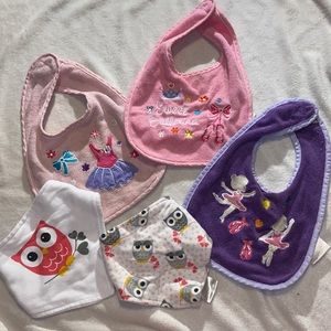 BUNDLE DISCOUNTS! 5 Velcro closure bibs - 2 owl bandana, 3 ballerina dancer